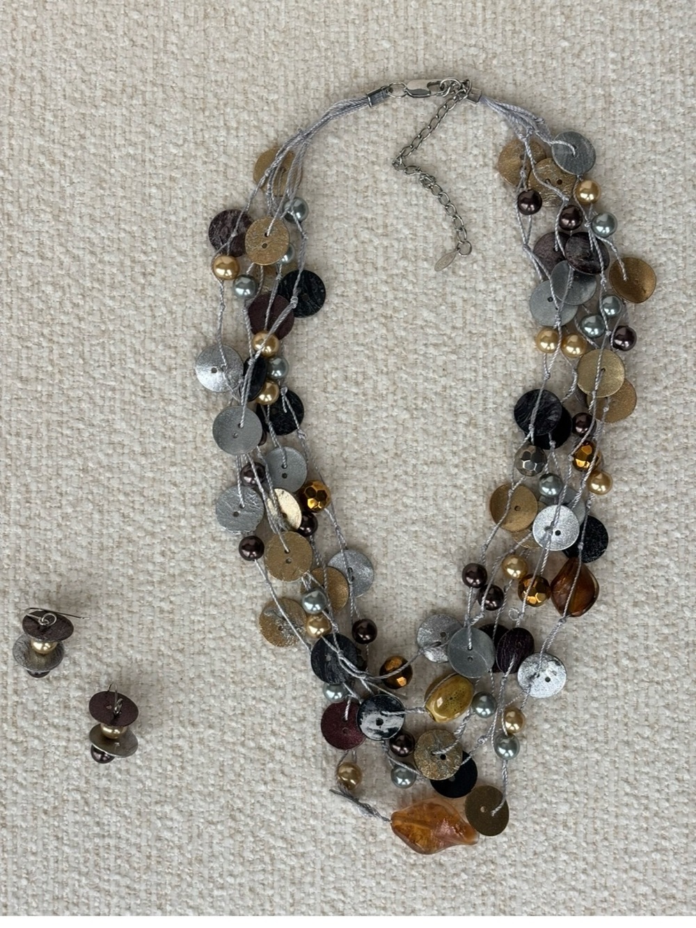 VTG 1980’s EsMor Boho Multi-Strand Metallic Disc & Bead Necklace & Earring Set